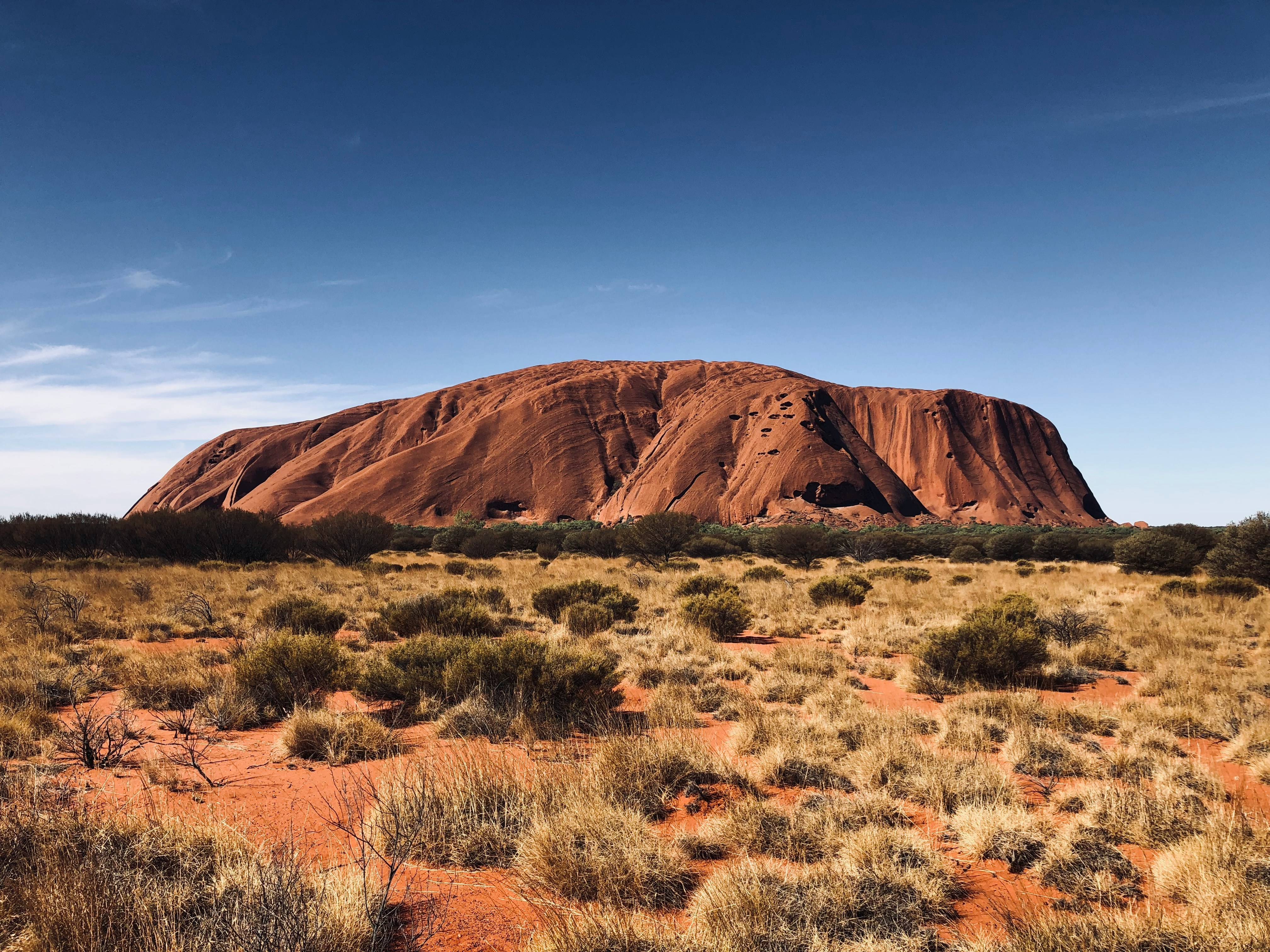 Uluru rising from the red desert under a clear blue sky