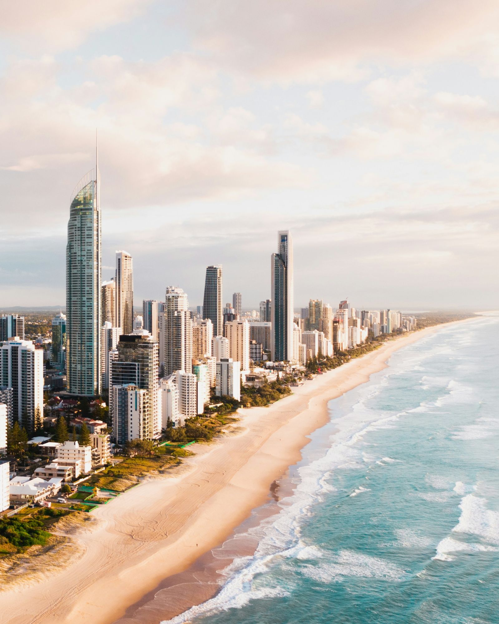 Aerial view of the Surfers Paradise skyline meeting the beach on the Gold Coast